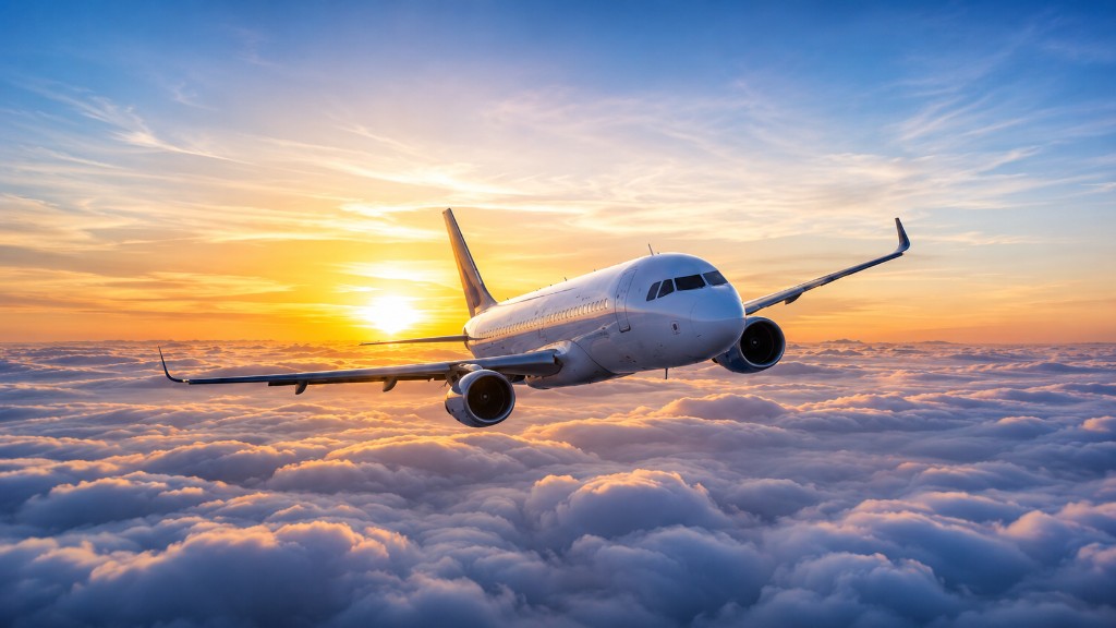 Commercial airplane in flight above the clouds at sunset